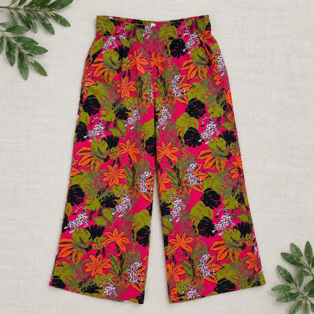 C&C California Pants Pink Tropical Leopard Print Linen Wide Leg Boho Sz M